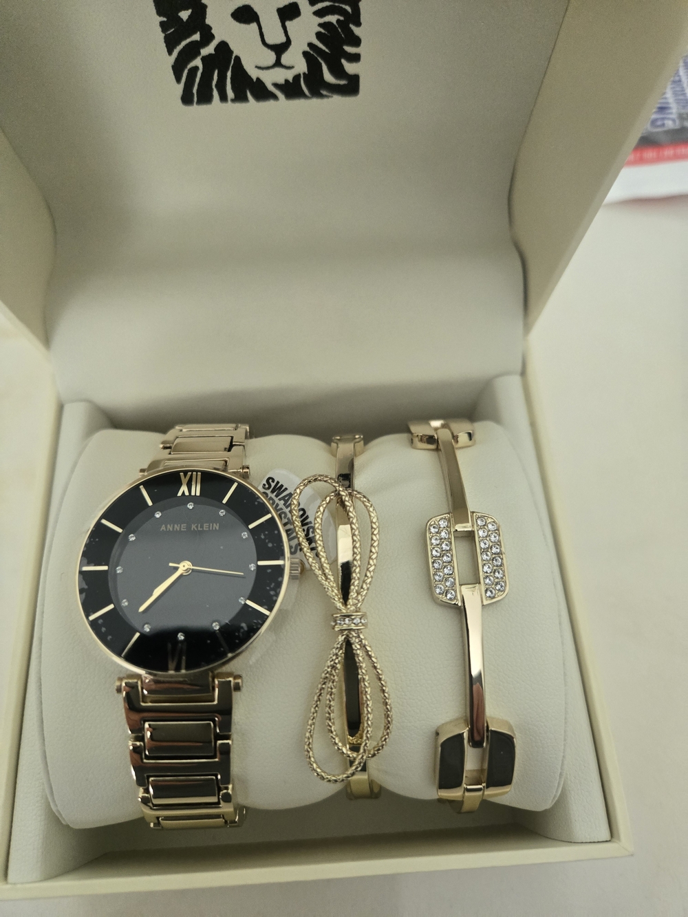NIB NEW Anne Klein Gold-Tone Watch & Bracelet Trio - Black Dial